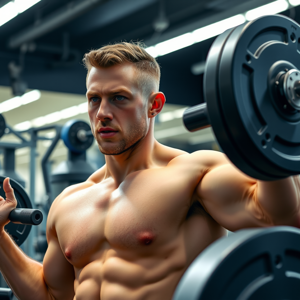 Athletic man performing intense workout in a modern gym facility with professional equipment, focused expression showing determination during strength training session