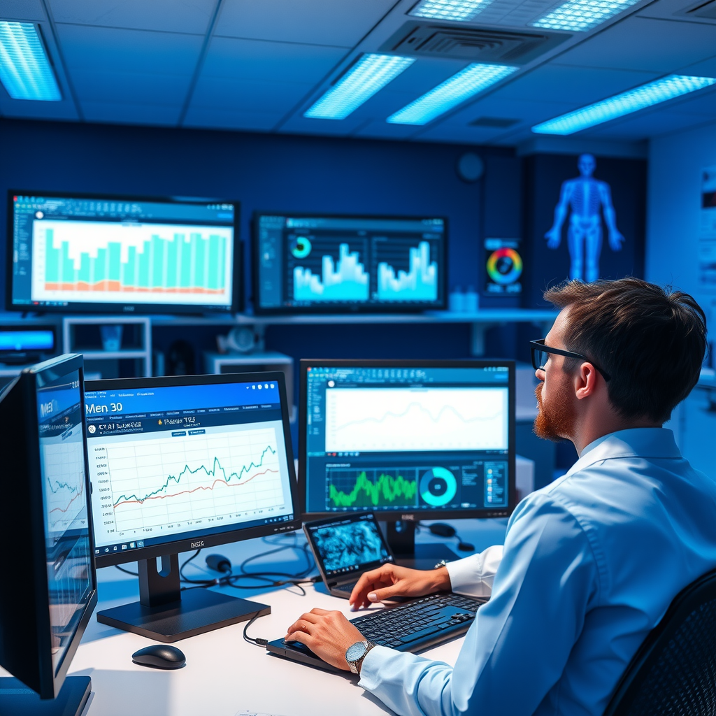 Modern research laboratory with scientists analyzing metabolic data on computer screens, showing graphs of testosterone levels and metabolic rate changes in men over 30, professional medical research environment with blue accent lighting