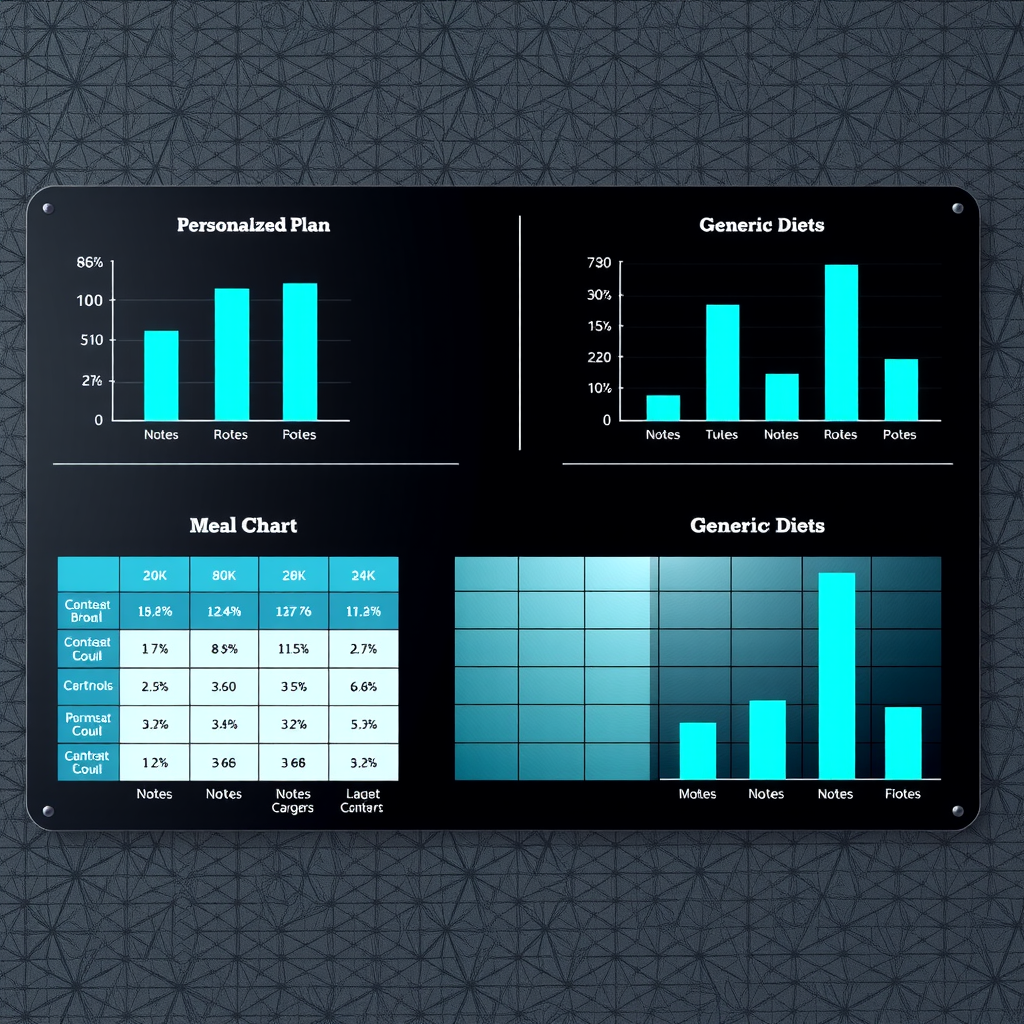 Scientific data visualization showing comparison charts between personalized meal plans and generic diets, featuring bar graphs and statistical analysis with teal accent colors on dark background