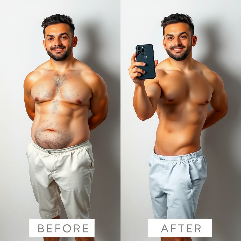 Before and after transformation photos of Mark showing his 35-pound weight loss journey over 4 months, side-by-side comparison showing visible muscle definition and fat loss