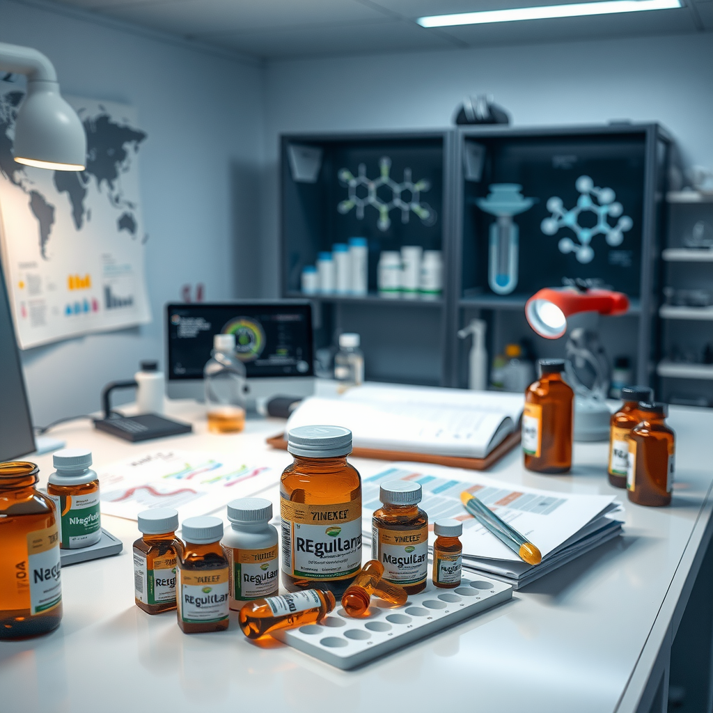 Scientific laboratory setting with various supplement bottles, research papers, and testing equipment arranged on a modern desk, with molecular structure diagrams and scientific charts visible in the background, professional lighting highlighting the evidence-based approach to supplement research