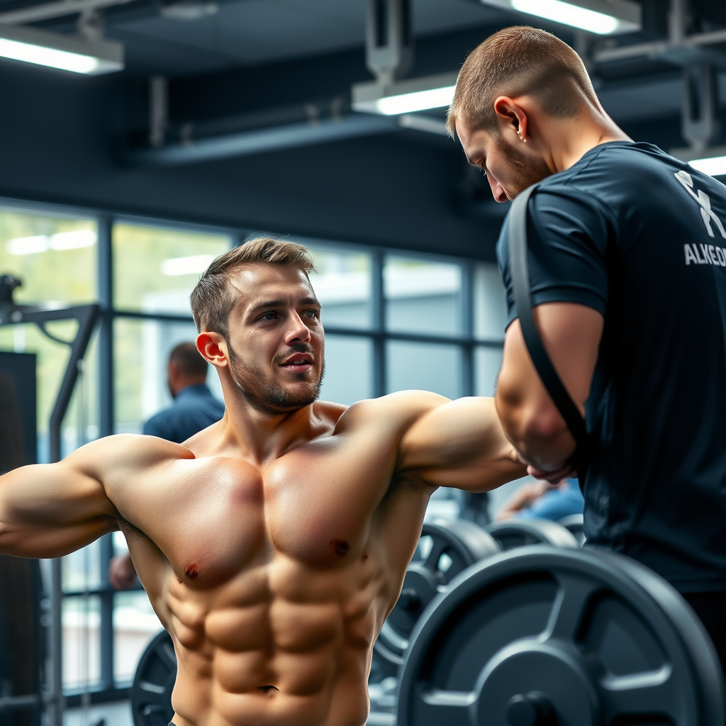 Athletic man working out with personal trainer in modern gym, focused on proper form during strength training exercise, professional coaching environment with equipment