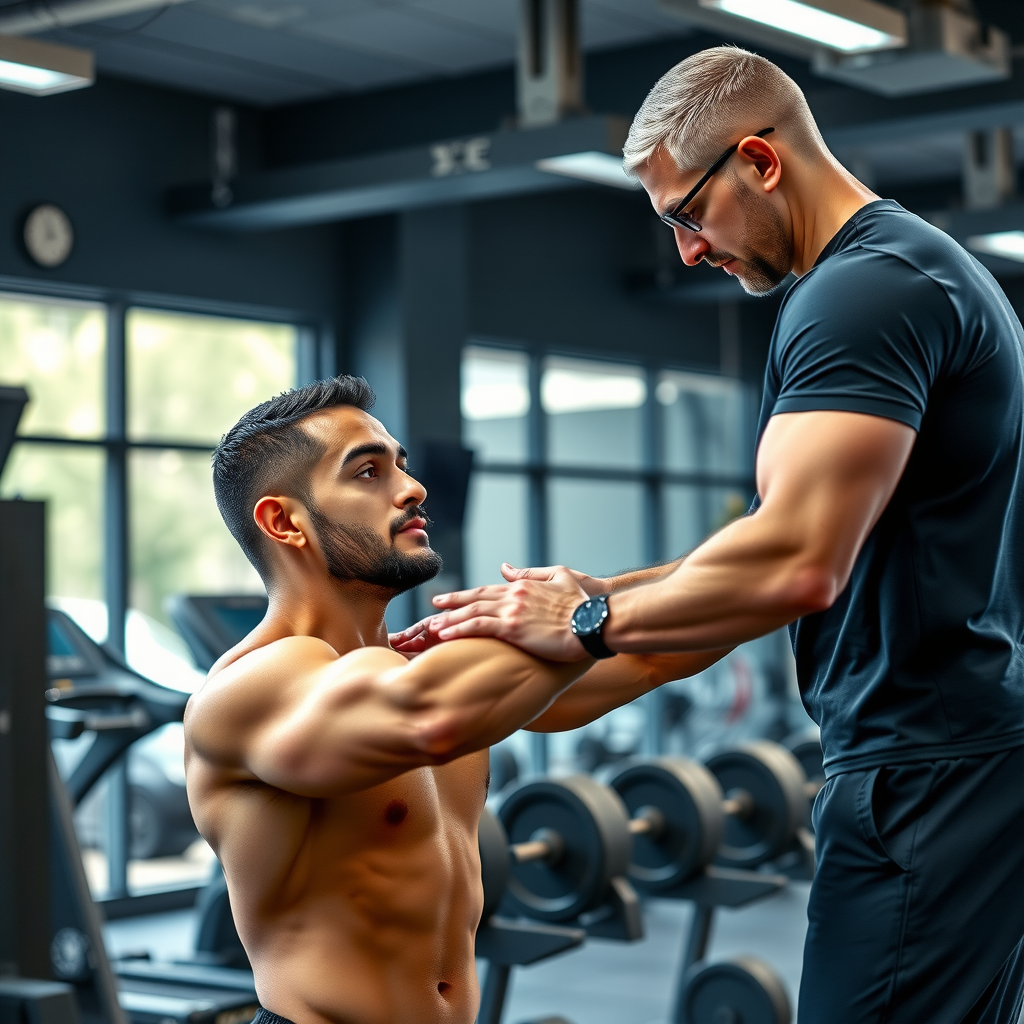 Professional fitness coach working one-on-one with male client in modern gym, demonstrating proper form during strength training exercise with focus on muscle development and athletic performance