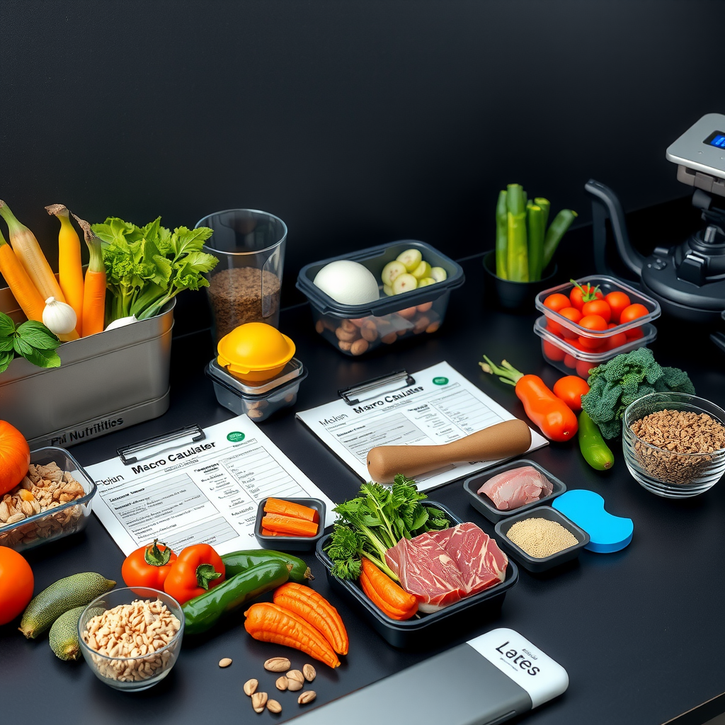 Professional nutritionist workspace showing macro-calculated meal plans, fresh healthy ingredients including lean proteins, vegetables, and whole grains arranged on a modern dark surface with digital nutrition tracking tools and meal prep containers