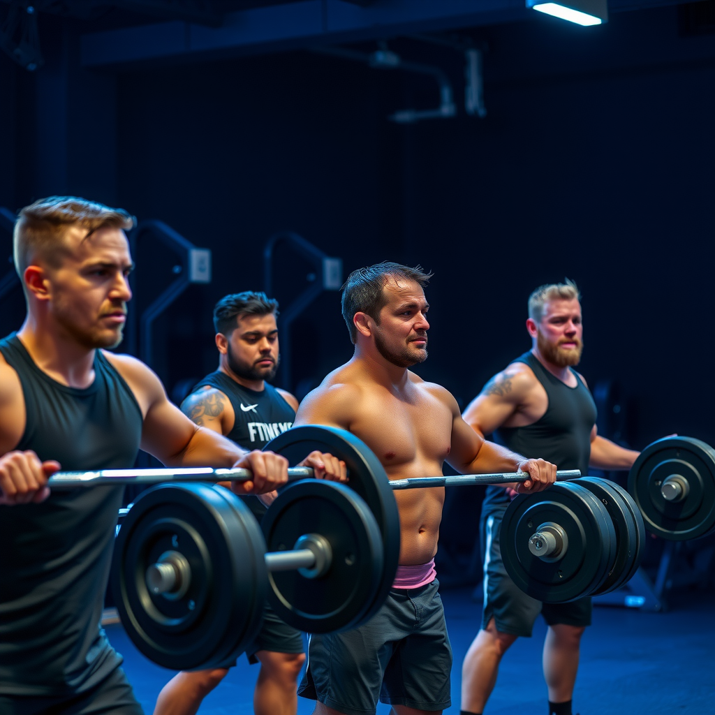 Six men performing synchronized barbell exercises in a modern gym with dark blue lighting, focused expressions showing determination and camaraderie, professional fitness coaching environment