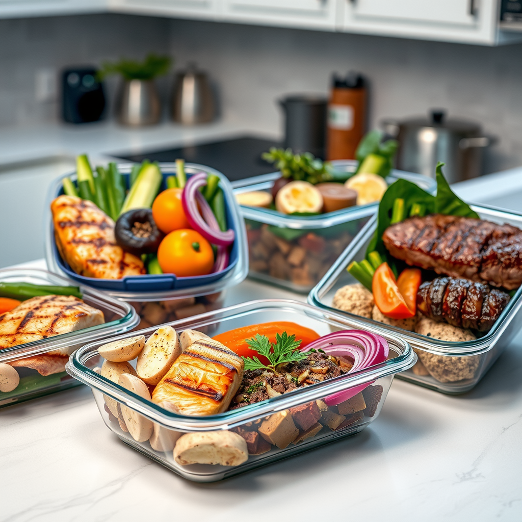 Organized meal prep containers filled with lean proteins including grilled chicken breast, salmon, and lean beef alongside vegetables and complex carbohydrates, arranged on modern kitchen counter