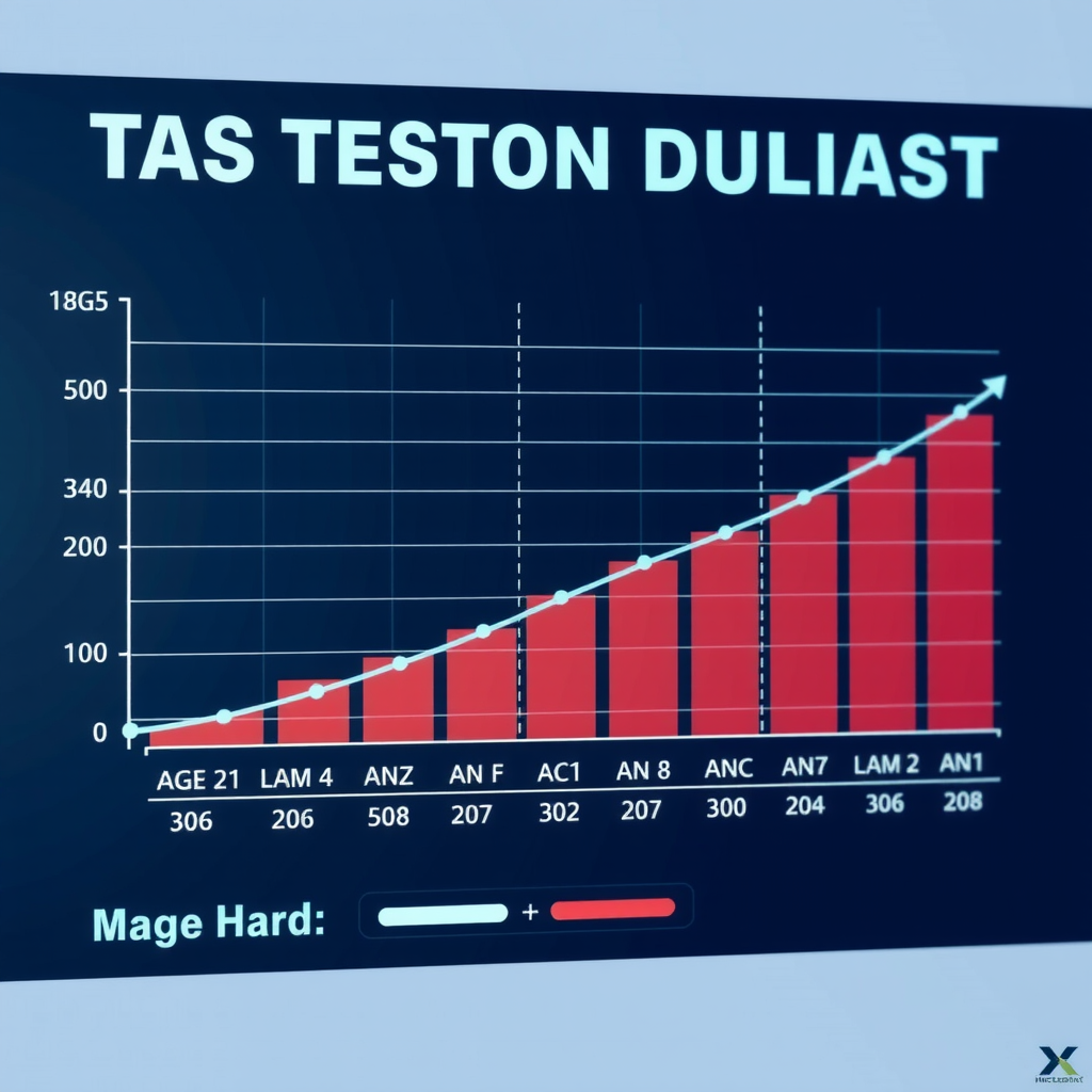 Scientific graph showing testosterone decline in men from age 30 to 50, with data points and trend lines, medical chart style with teal accent colors highlighting key age markers and hormone level measurements