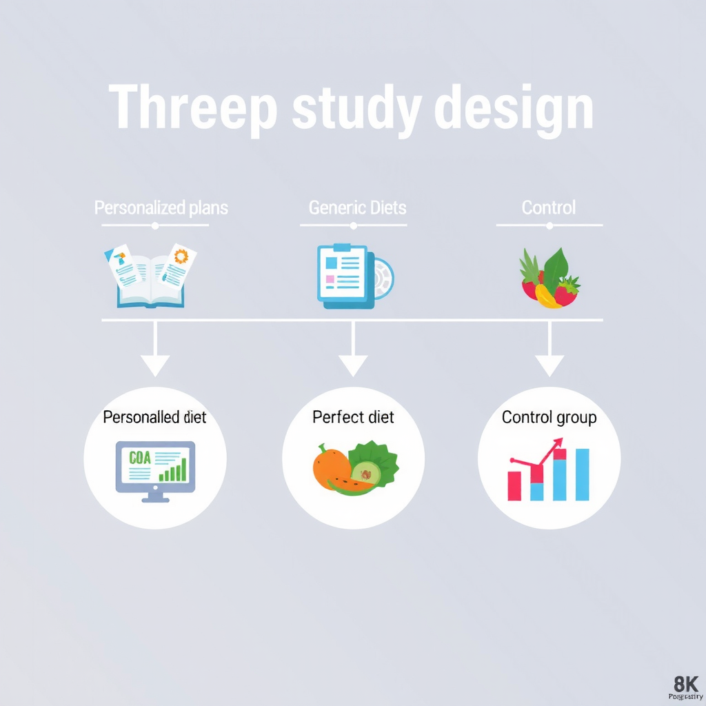 Detailed infographic showing the three-group study design with icons representing personalized plans, generic diets, and control group, connected by arrows and data points