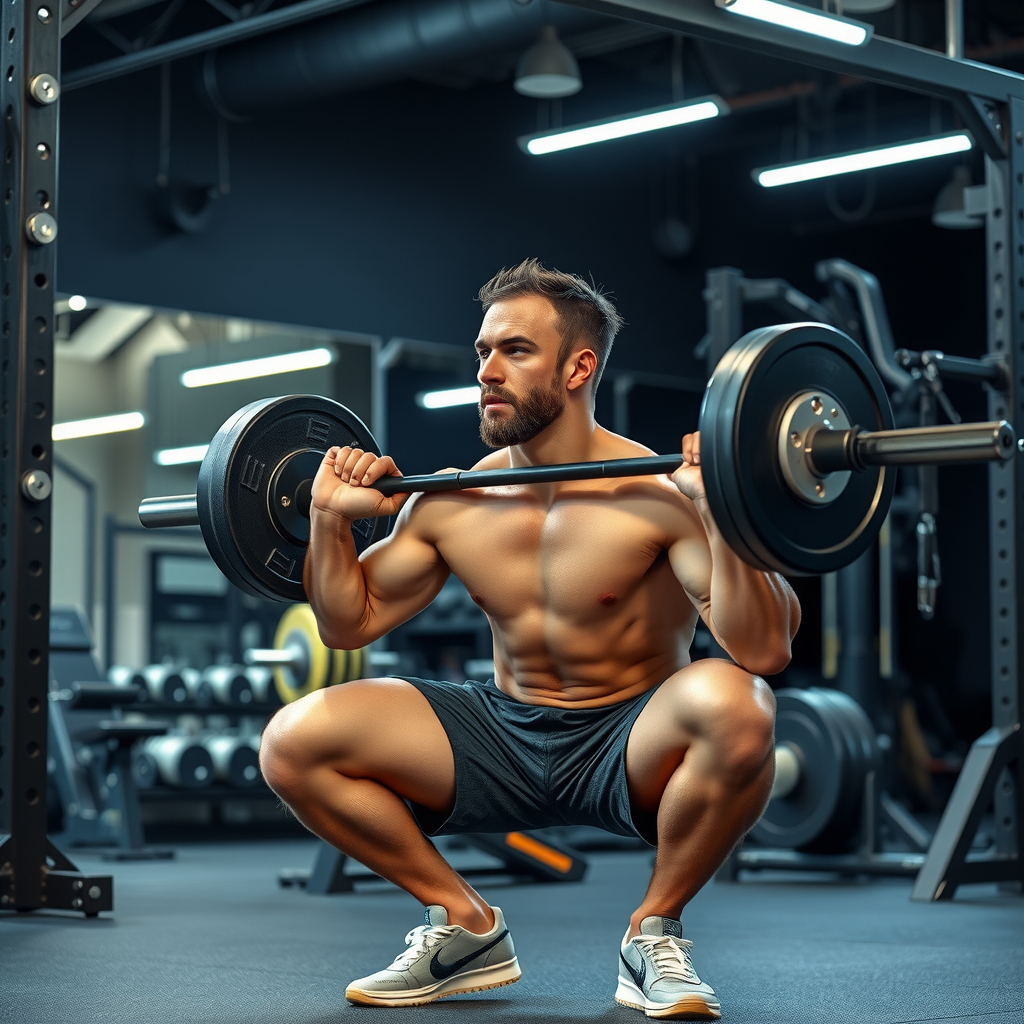Mark performing a barbell squat in the gym with proper form, showing his improved physique and muscle definition during his training session