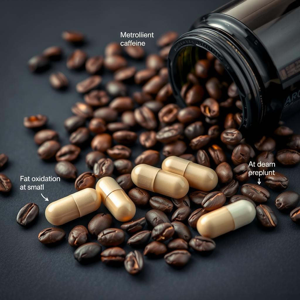 Artistic close-up photograph of dark roasted coffee beans scattered around caffeine supplement capsules on a dark surface, with a subtle overlay of metabolic pathway diagrams showing how caffeine affects fat oxidation and energy expenditure, professional product photography style