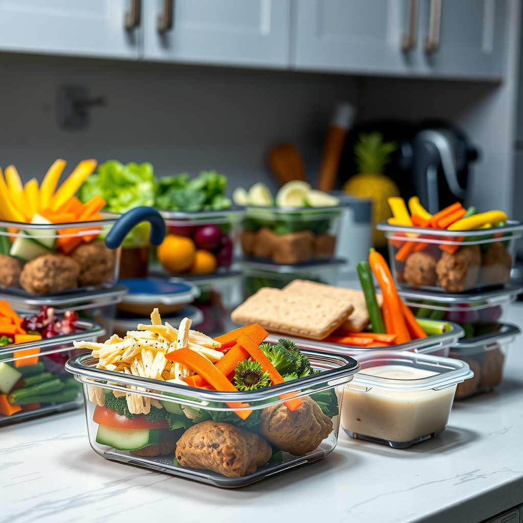 Healthy meal prep containers with lean protein, vegetables and complex carbs arranged on kitchen counter, macro-balanced nutrition for muscle building and fat loss