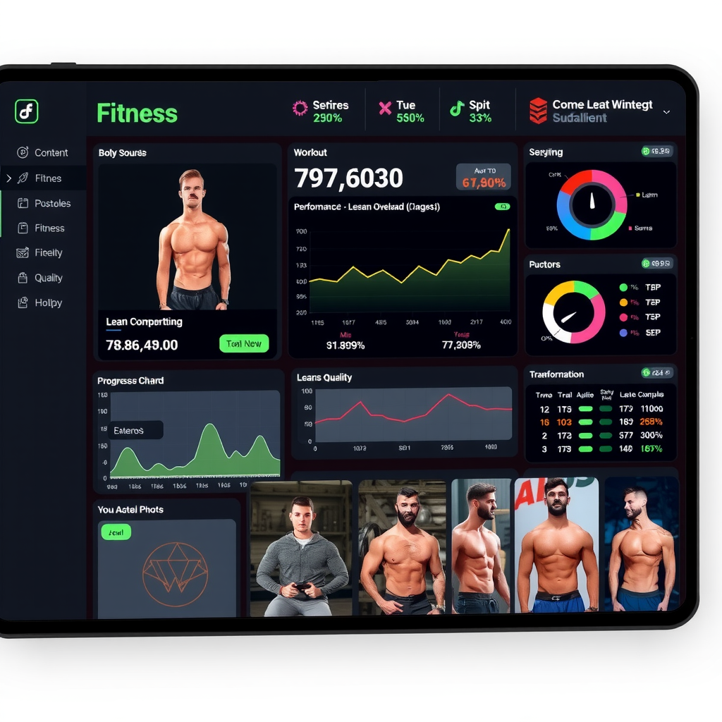 Digital fitness tracking dashboard showing detailed body composition analysis, workout performance metrics, progressive overload charts, and transformation progress photos for male client achieving lean athletic physique