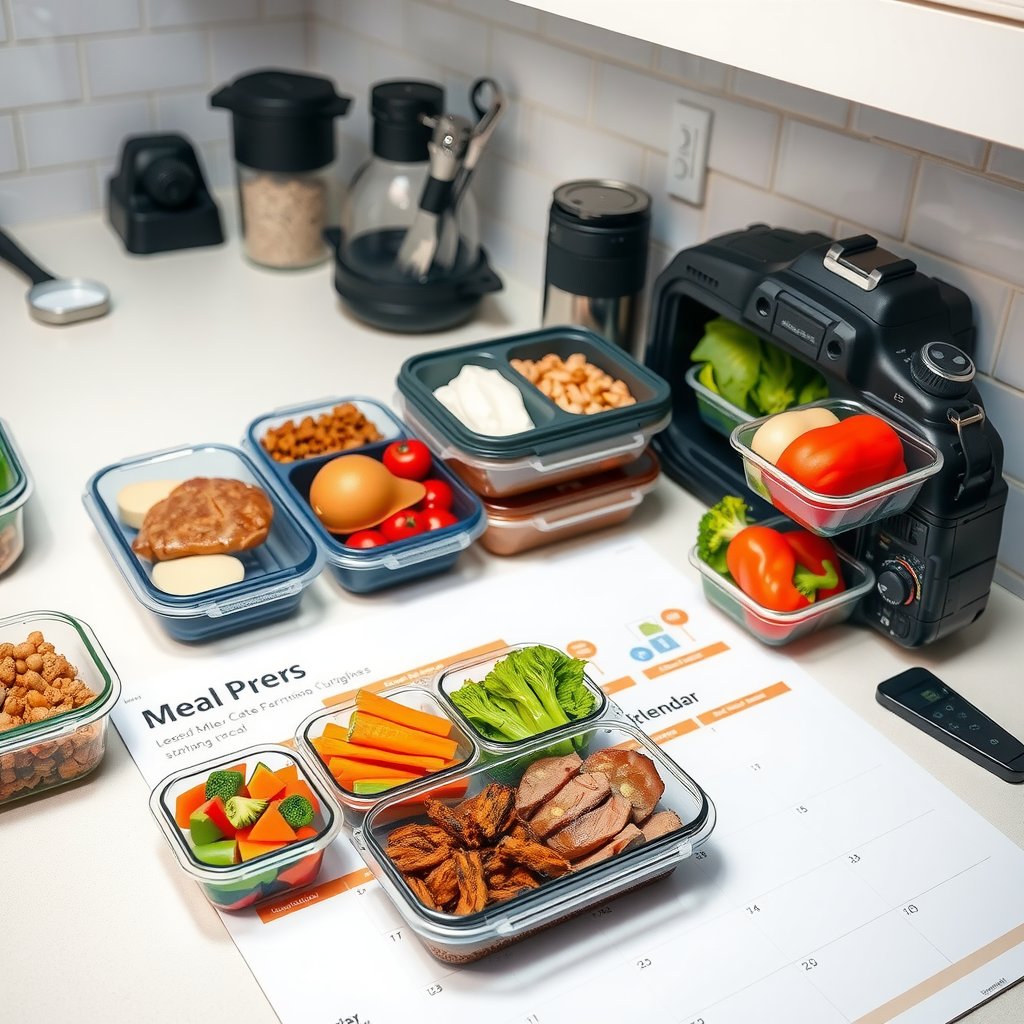 Step-by-step meal prep guide showing organized food containers with portioned lean proteins, complex carbohydrates, and vegetables, alongside meal prep tools and a weekly planning calendar on a clean kitchen counter