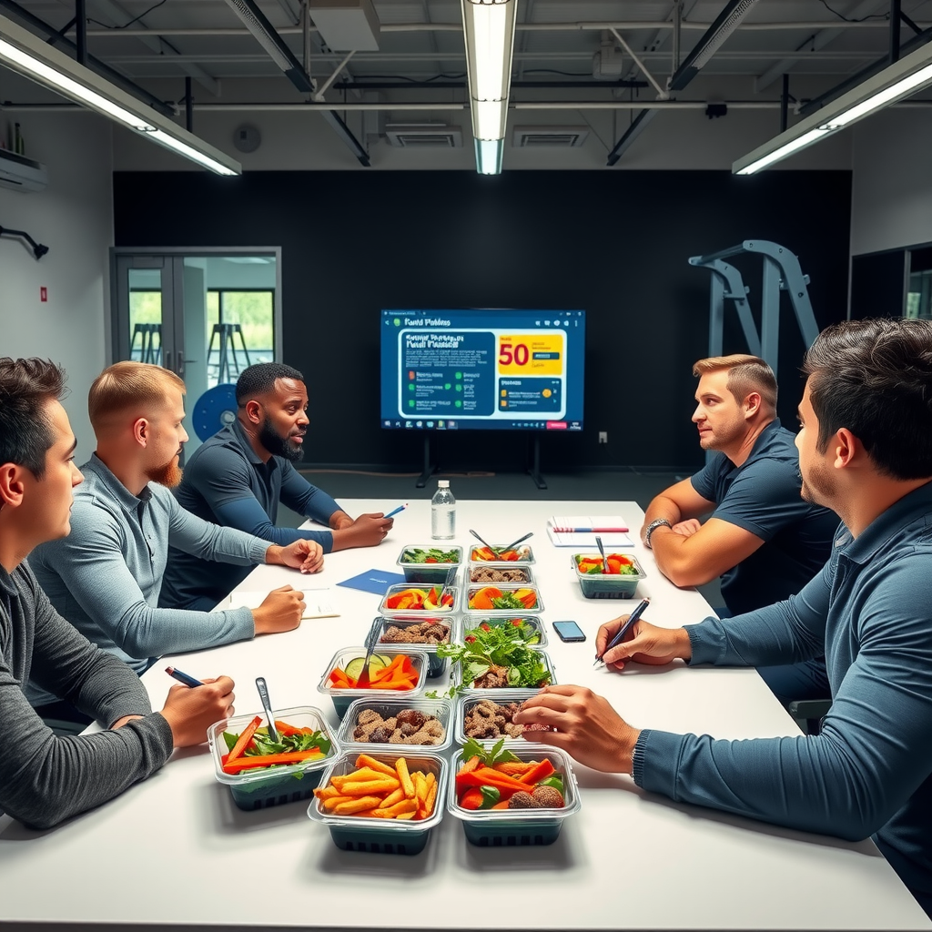 Group of six men sitting around a table with healthy meal prep containers, notebooks, and a coach presenting nutrition information on a screen, professional learning environment with modern fitness facility backdrop