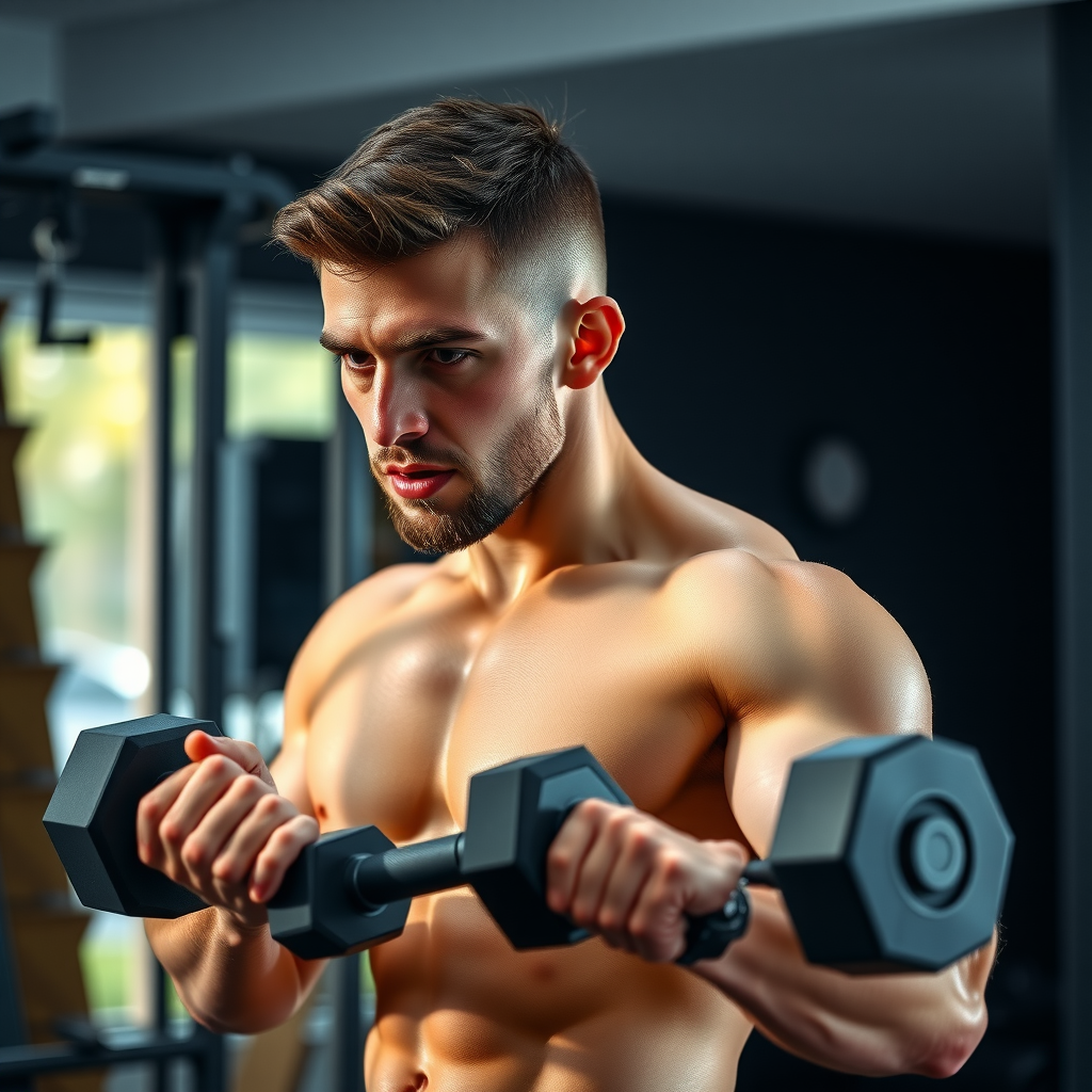 Determined athletic man in his 30s training with dumbbells in a modern home gym setup, focused expression showing self-motivation and discipline, professional lighting highlighting muscle definition