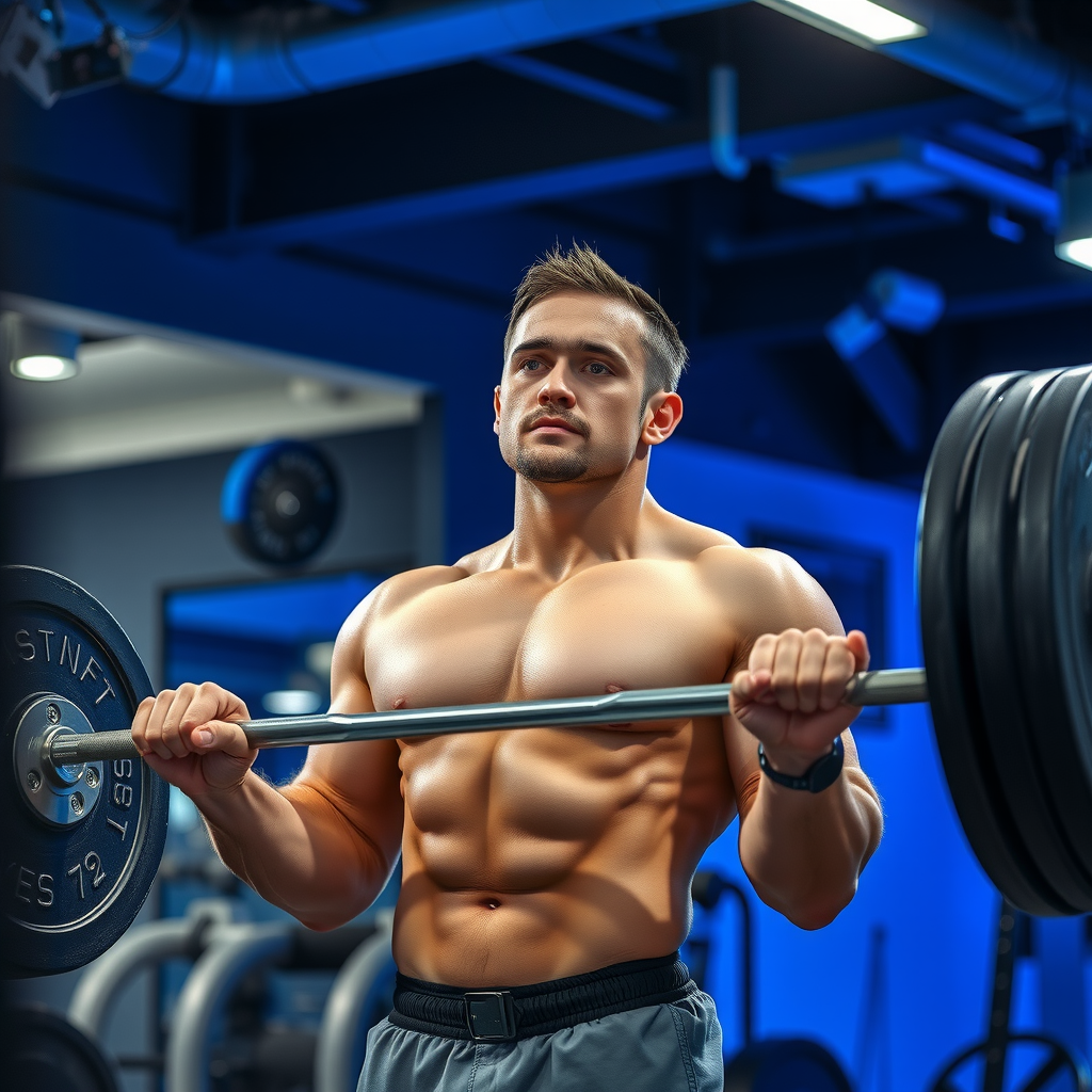 Fit man in his 30s performing barbell deadlift in modern gym with proper form, focused expression, professional training environment with blue accent lighting, demonstrating progressive resistance training technique