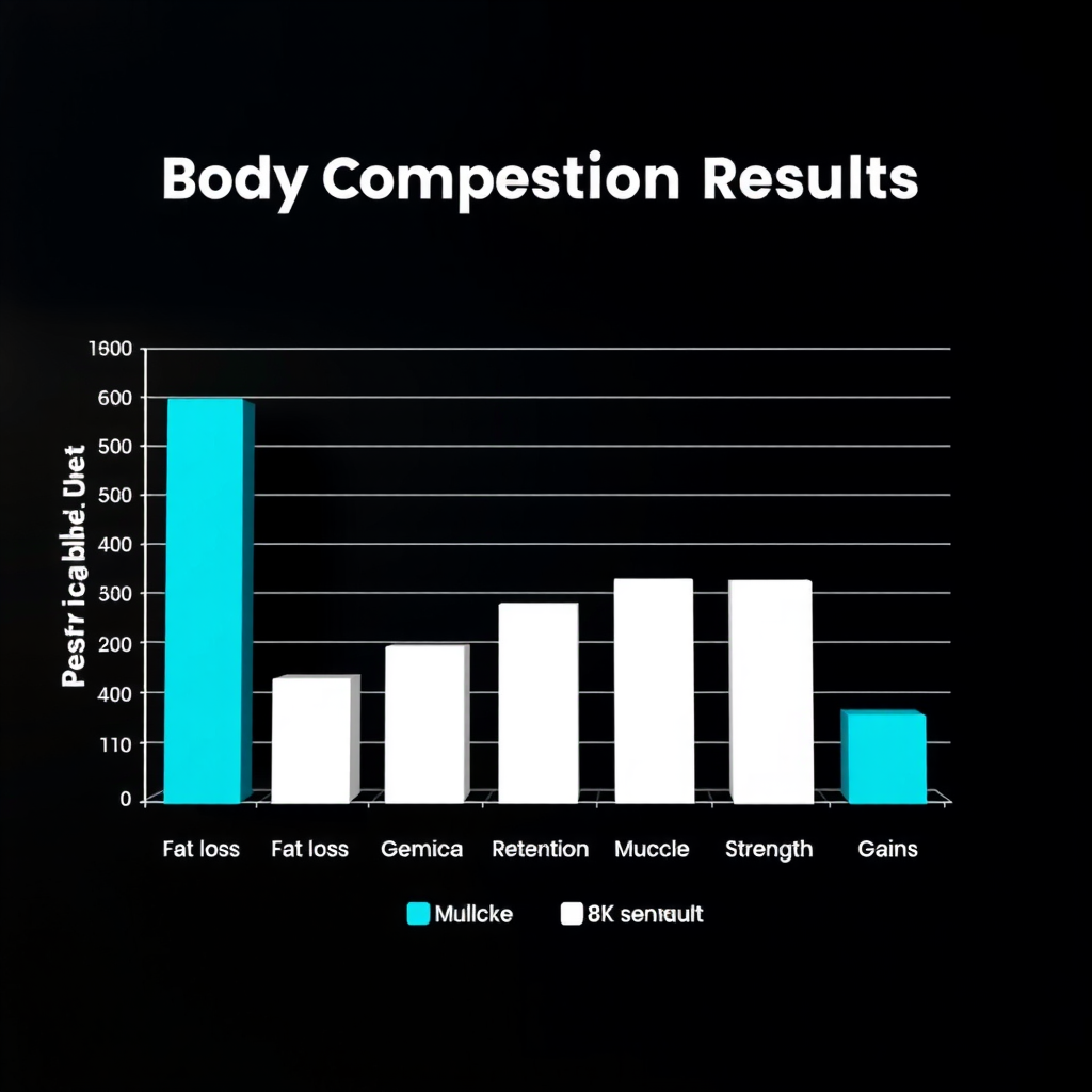 Professional bar chart comparing body composition results between personalized and generic diet groups, showing fat loss, muscle retention, and strength gains with teal and white bars on dark background