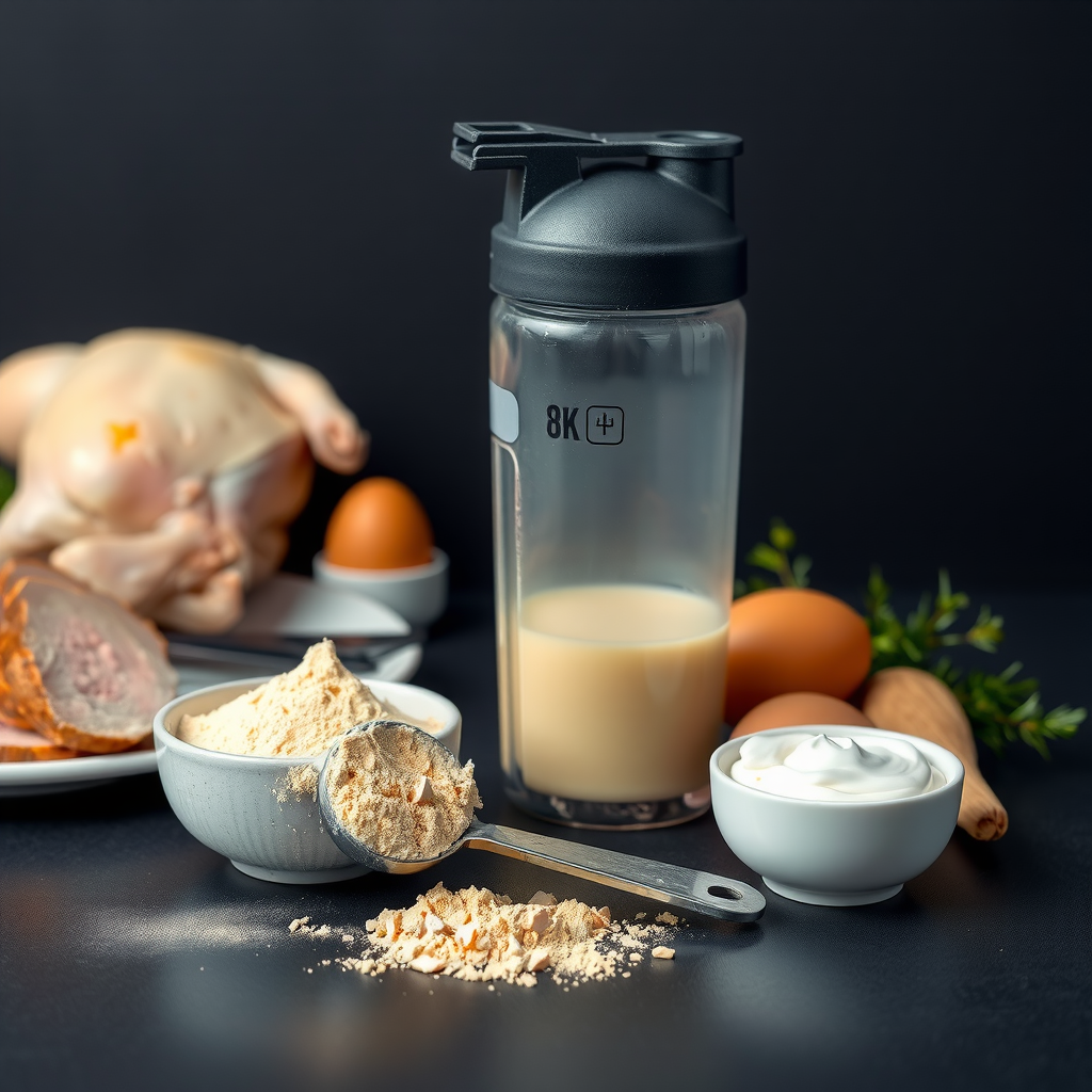 Professional product shot of protein powder in a scoop next to a modern shaker bottle, surrounded by natural protein sources like chicken breast, eggs, and Greek yogurt on a clean dark surface, emphasizing the convenience and muscle preservation benefits of protein supplementation during fat loss