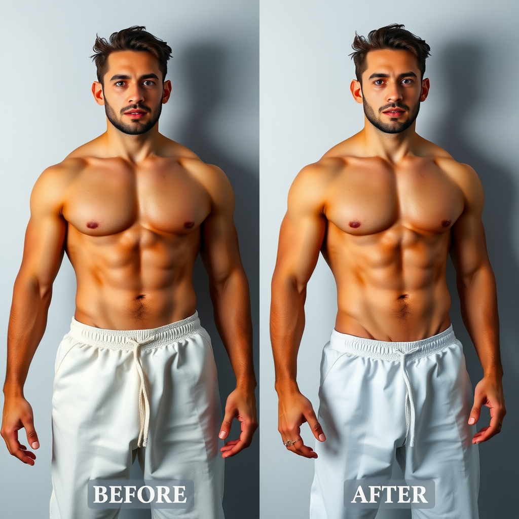 Before and after transformation photos showing lean muscular physique results, complete body composition change with visible muscle definition and fat loss