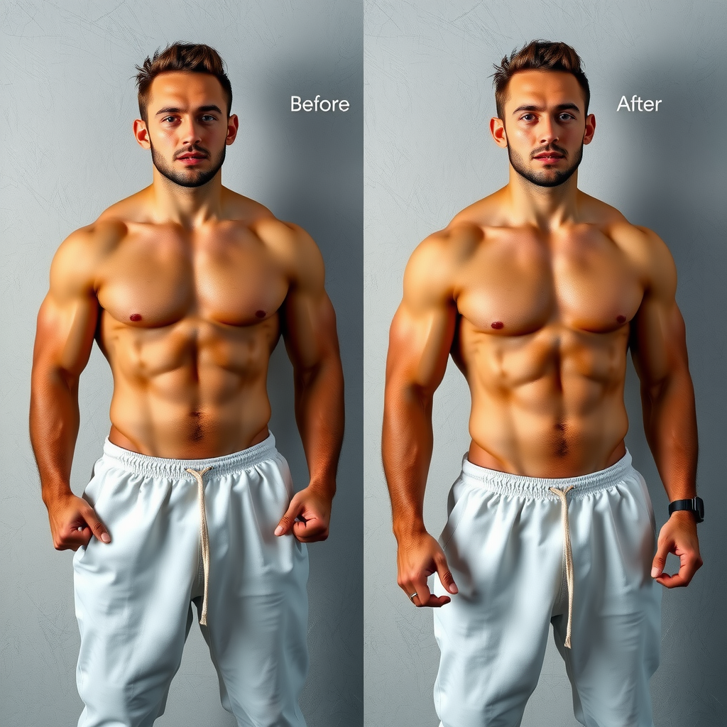 Before and after transformation photos showing male client's impressive physique development, displaying significant muscle gain and body fat reduction achieved through personalized one-on-one training program