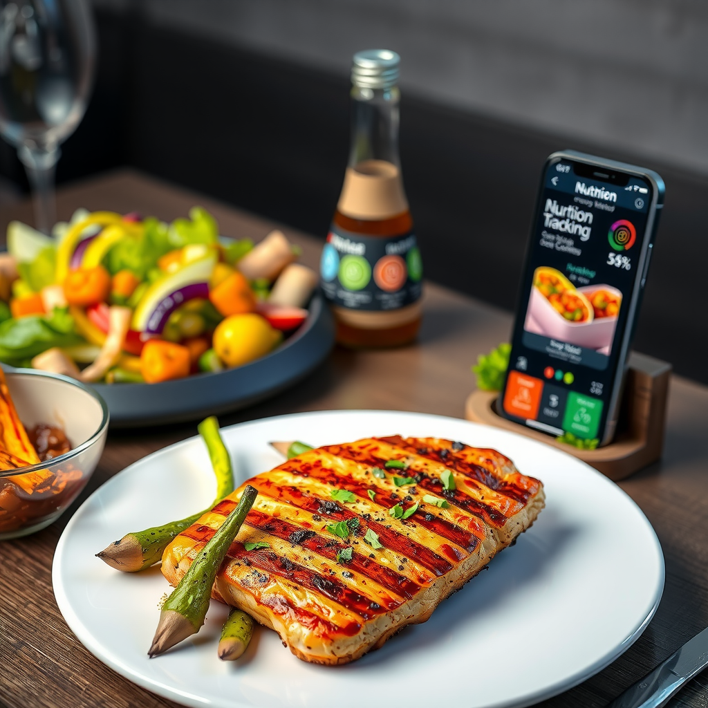 Professional dining scene showing a healthy restaurant meal with grilled lean protein, steamed vegetables, and a side salad, with a smartphone displaying nutrition tracking app and restaurant menu in the background