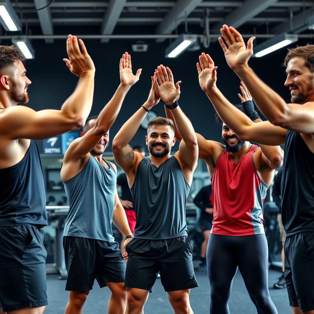 Six men in athletic wear high-fiving and celebrating after completing a challenging workout, sweat visible, expressions of accomplishment and camaraderie, modern gym setting with equipment in background