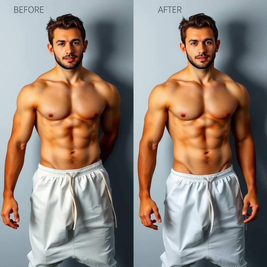 Before and after transformation photos showing lean muscle development and fat loss results in men aged 25-45, side-by-side comparison with visible muscle definition and reduced body fat percentage