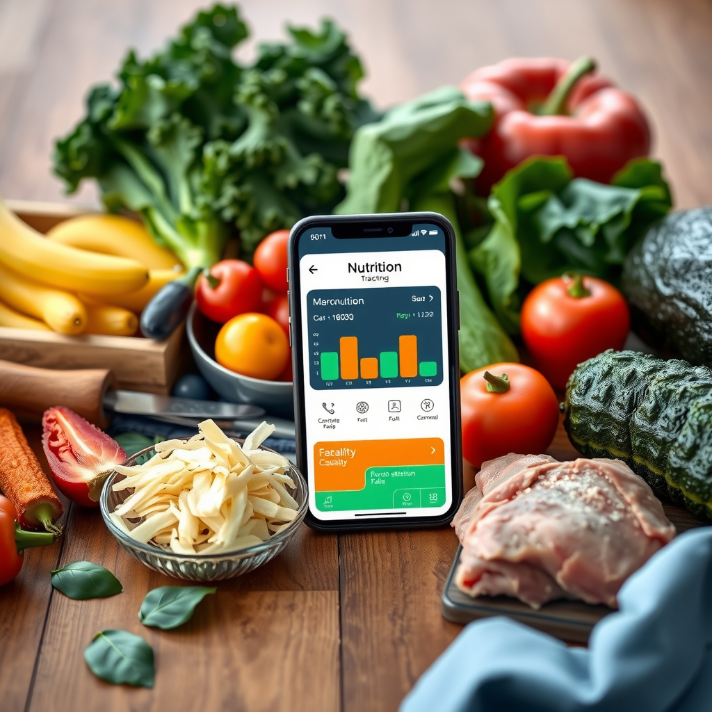Modern smartphone displaying nutrition tracking app with macronutrient breakdown and meal logging, surrounded by healthy whole foods including vegetables, lean proteins, and complex carbohydrates on wooden table