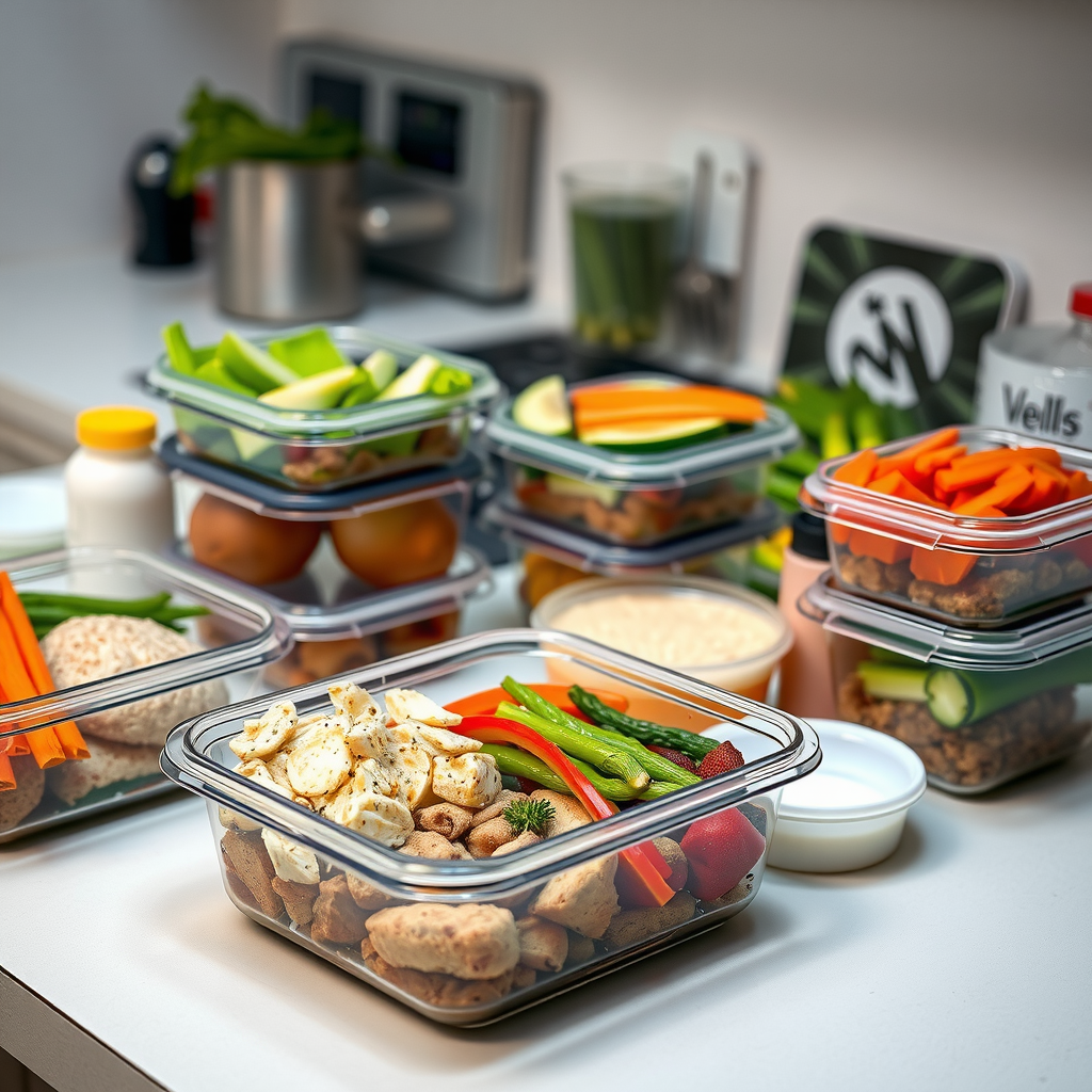 Organized meal prep containers with balanced portions of lean protein, vegetables, and complex carbohydrates, professional nutrition planning setup on kitchen counter, healthy food preparation for strategic caloric cycling approach