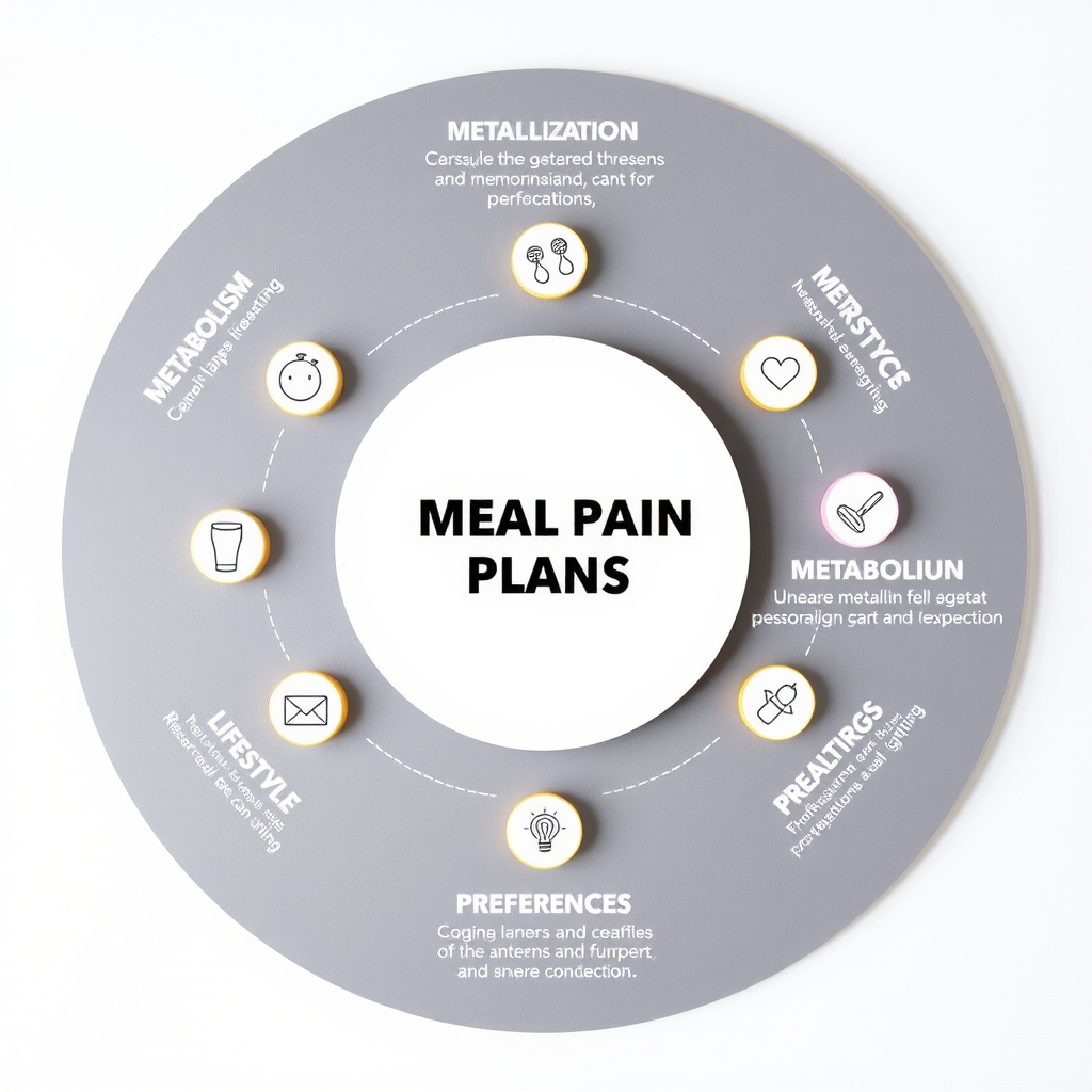 Circular diagram showing interconnected factors of meal plan personalization including metabolism, lifestyle, preferences, and goals with connecting lines and icons