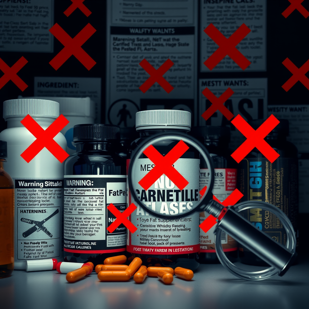 Dramatic composition of various supplement bottles with red X marks and warning symbols overlaid, surrounded by misleading marketing claims and fine print, shot in moody lighting to emphasize the deceptive nature of ineffective fat loss supplements, with a magnifying glass highlighting questionable ingredients