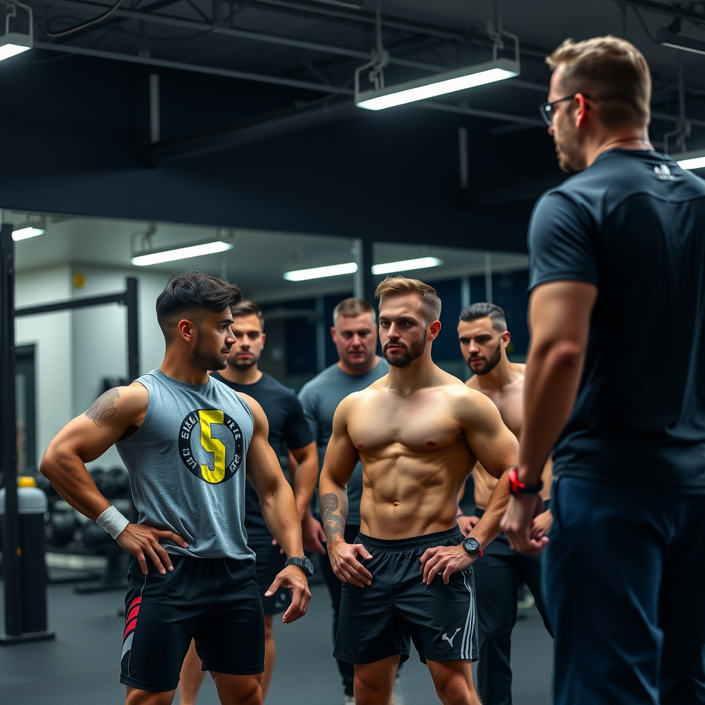 Small group of men training together in gym with coach supervising, motivational fitness environment with team workout session focused on strength and conditioning