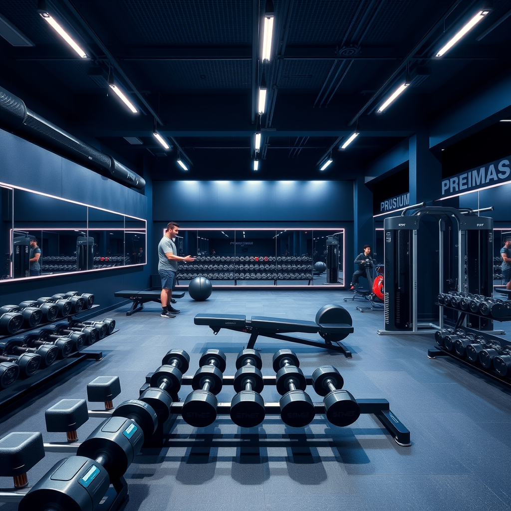 Modern premium fitness facility with high-end equipment, dark blue ambient lighting, clean organized space with dumbbells, barbells, and functional training area, professional coaching environment