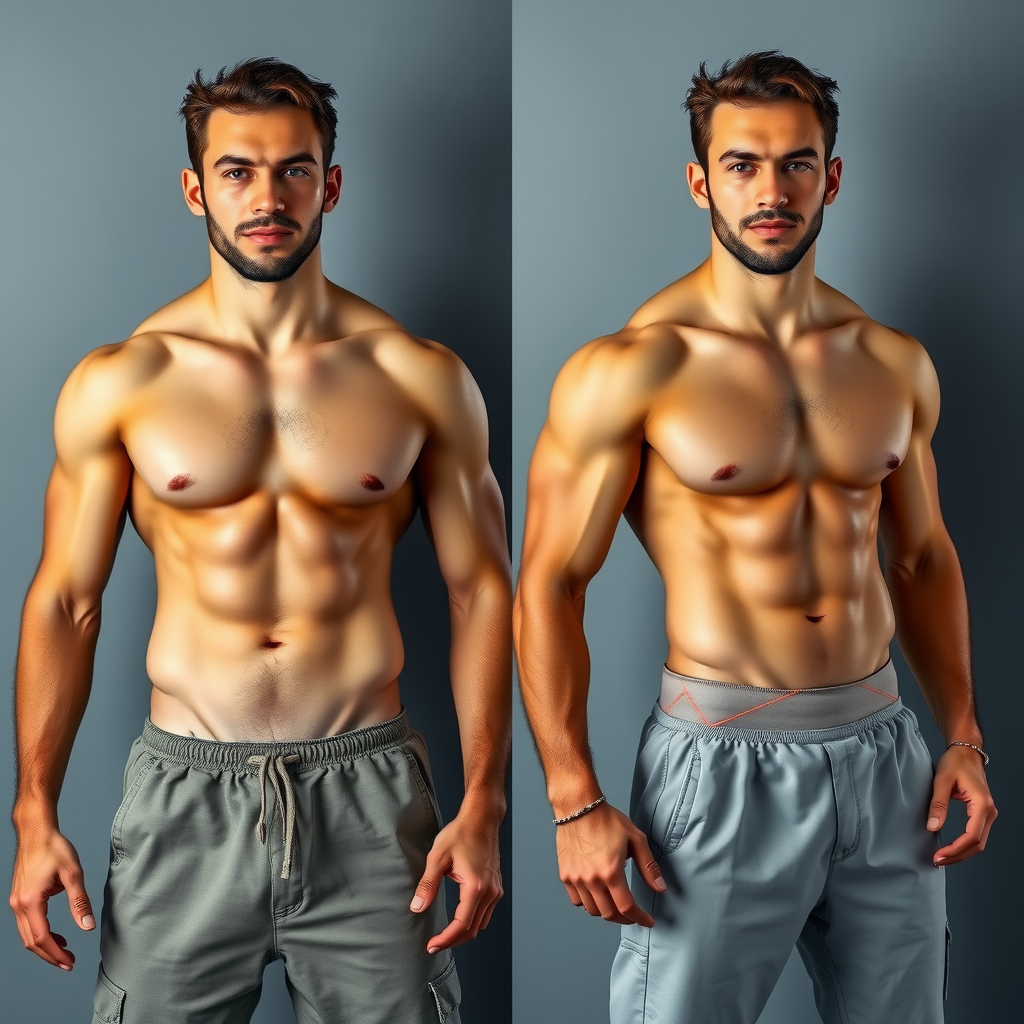 Before and after comparison showing lean, muscular man in his 30s, demonstrating successful body transformation with visible muscle definition and reduced body fat, professional fitness photography with confident posture
