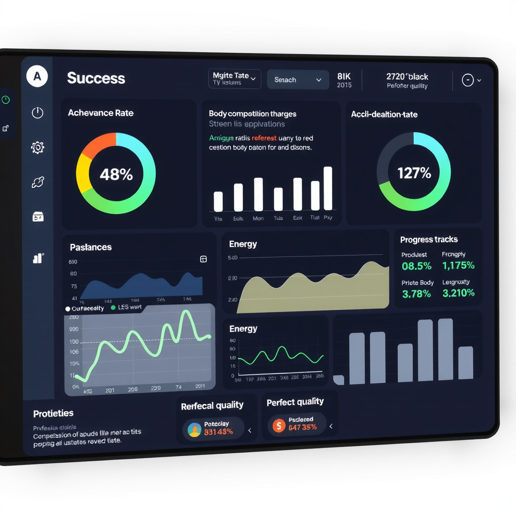 Modern dashboard interface showing various success metrics including adherence rate, body composition changes, energy levels, and progress tracking with graphs and percentage indicators