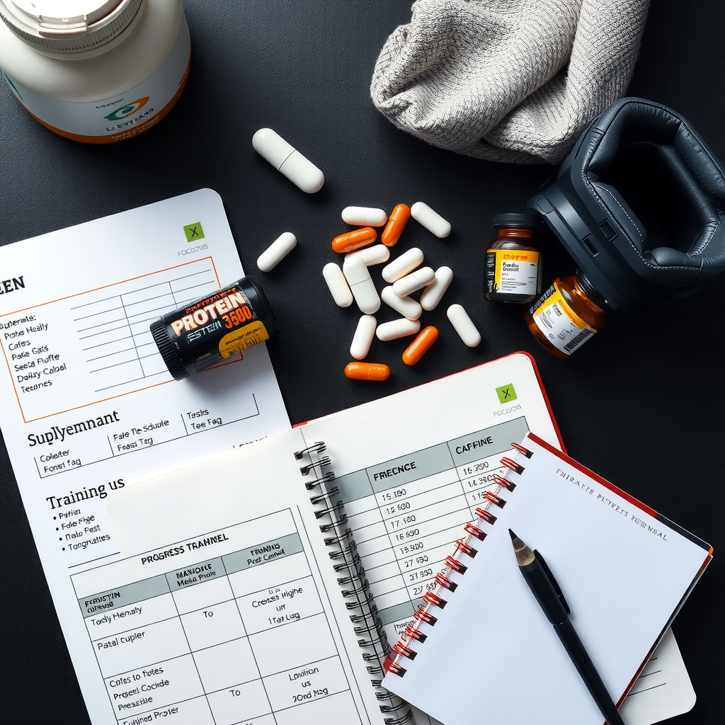 Overhead flat lay photograph of an organized supplement stack including protein powder, creatine, and caffeine pills arranged neatly on a dark surface alongside a detailed meal plan, training schedule, and progress tracking journal, emphasizing the systematic approach to supplementation as part of a comprehensive fitness strategy