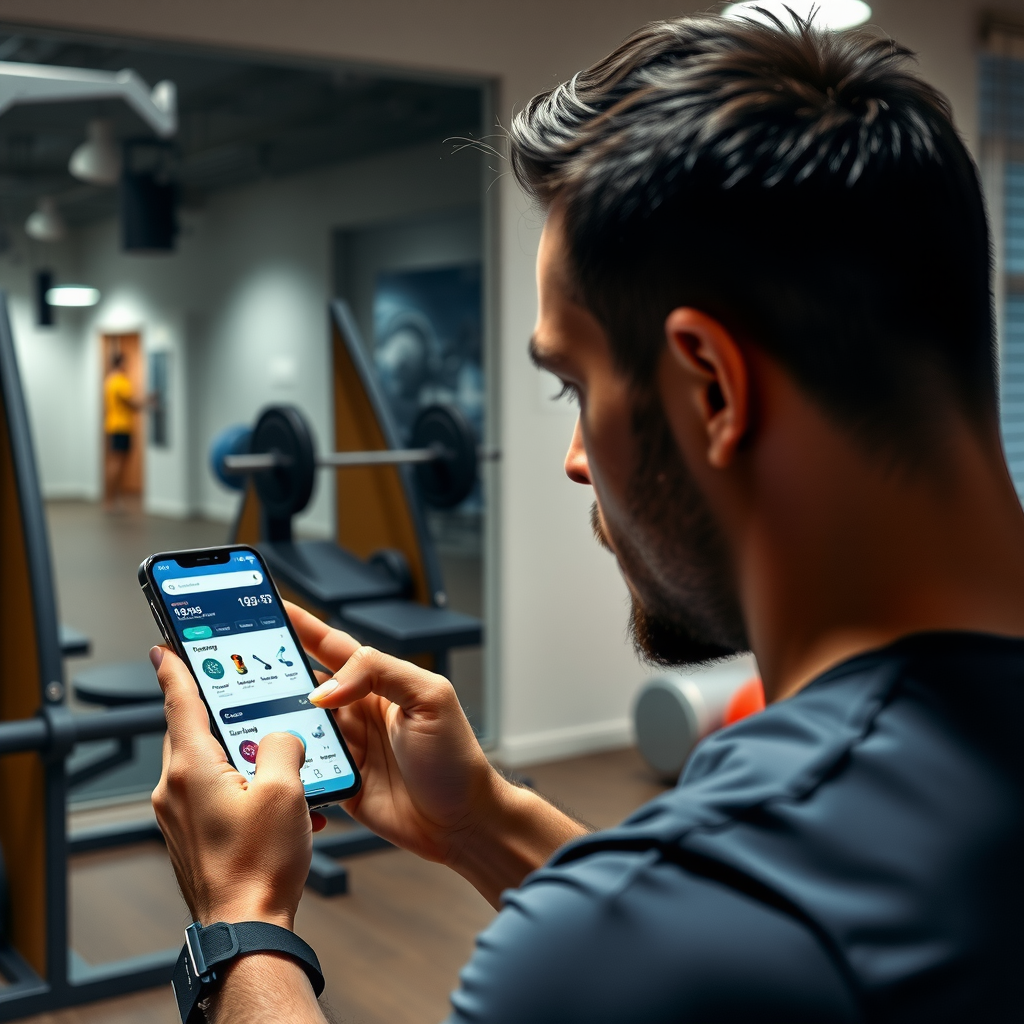 Man using fitness app on smartphone in home gym, digital workout tracking and online coaching platform interface showing exercise programs and meal plans